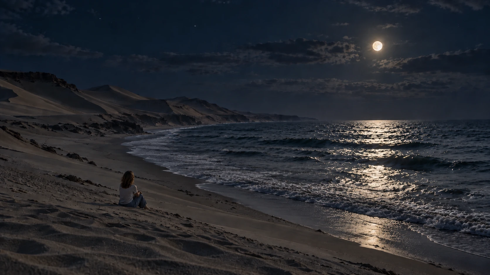 A moonlit desert coast, with Rudy seated facing the ocean.