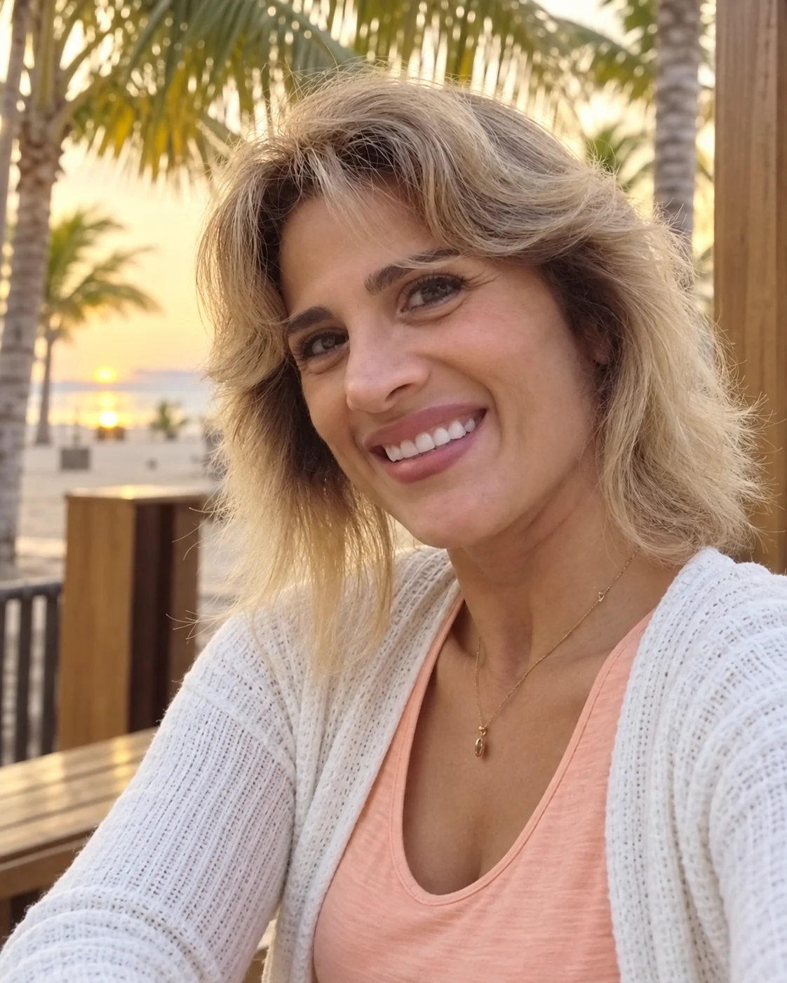 Rudy Merhi smiling outdoors in a pink top and pale cardigan.